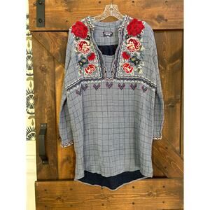 Johnny Was Workshop women’s large  blue plaid embroidered tunic
